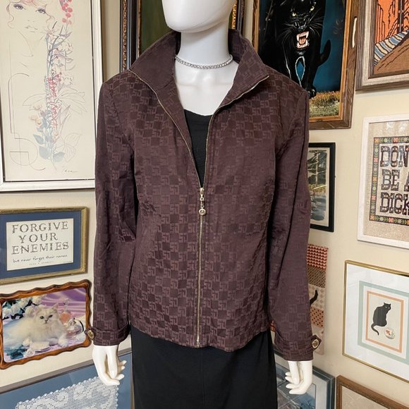 St John Sport Dark Brown All Over Logo Fitted Jacket with Gold Hardware Size S - Picture 6 of 9